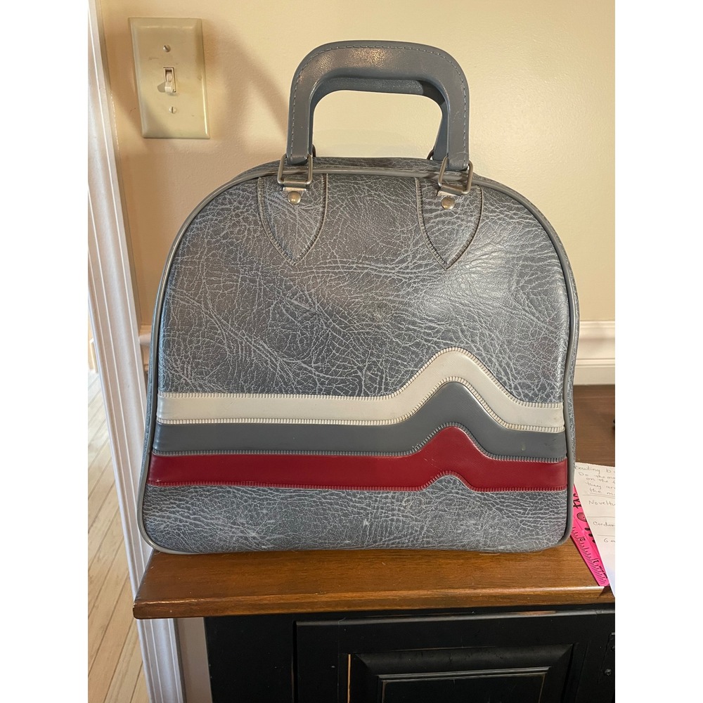 Vintage Gray Textured Faux Leather Bowling Bag Red White Striped Retro Carryall